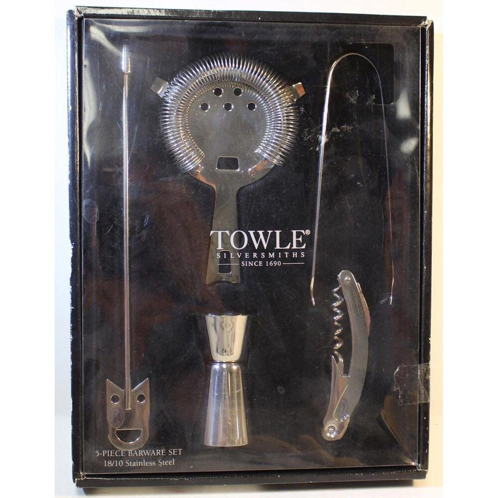 Towle 5 Piece Barware Accessories Set Corkscrew Tongs Stir Shot Pour Shake Cover